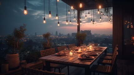 rooftop dinner bar and restaurant of building cityscape landscape, at summer twilight sunrise background, Generative AI , illustration