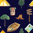© Ekaterina - Watercolor camping seamless dark background pattern, adventure outdoor tourist backpack boat wallpaper