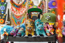 Colorful Mexican Handicrafts Made With Ceramics. Colorful Feline Figures.