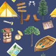© Ekaterina - Watercolor camping seamless pattern, adventure outdoor tourist backpack boat wallpaper