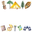 © Ekaterina - Watercolor adventure set horizontal frame, outdoor tourist backpack boat symbols