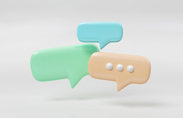 Wall Mural - Minimalist blue green and yellow speech bubbles talk icons floating over white background. Modern conversation or social media messages with shadow. 3D rendering