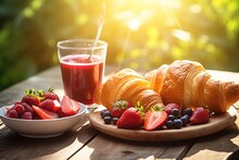 Breakfast With Fruit On The Wooden Table