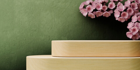 Wall Mural - Wooden product podium with cherry blossom flowers on green background. Spring mockup template display. Neutral asian aesthetic.