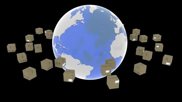 Wall Mural -  - Animazione illustrazione 3D. Spedizione intorno al mondo. Pacchi ruotano attorno al globo per essere consegnati.