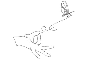 Wall Mural - Single continuous line of hand holding butterfly on a white background. Black thin line of the hands with butterfly. Freedom concept.