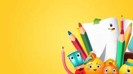 Back to school vector characters background template with funny education cartoon mascots like pencil and book and white space for text. Vector illustration