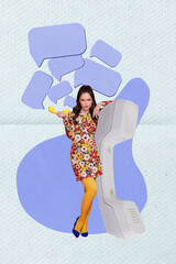 Poster - Vertical collage picture of unsatisfied mini girl speak communicate telephone empty space dialogue bubble isolated on creative background