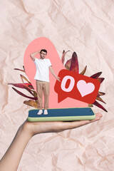 Poster - Vertical collage portrait of arm hold smart phone screen mini clueless guy zero like unpopular isolated on creative background