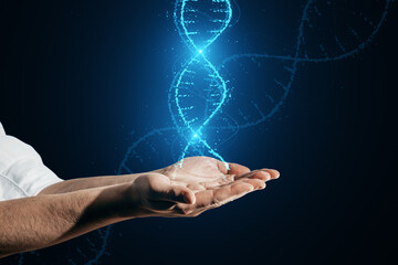 Poster - Close up of male hands holding glowing DNA helix hologram on dark background. Medicine and bioengineering concept.