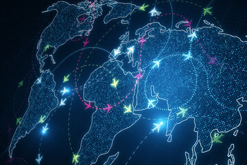 Wall Mural - Creative glowing digital map with ariplane connections on dark backdrop. Flight routes airplanes network and global transportation interface. 3D Rendering.