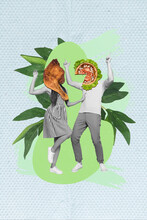 Vertical Collage Picture Of Two Black White Gamma People Fried Chicken Pizza Instead Head Dancing Isolated On Creative Background