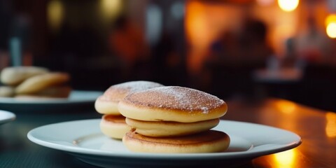 Canvas Print - Stack of pancakes on a plate on a table in front of abstract blurred background of cafe. Generative AI.