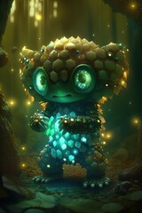 Poster - Generative AI illustration of a little alien with green eyes and neon lights