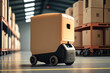 © Vitaly Art - Mobile robot in a warehouse. Automated retail warehouse AGV robot in distribution logistics center. Automated guided vehicles packages. AI generative.