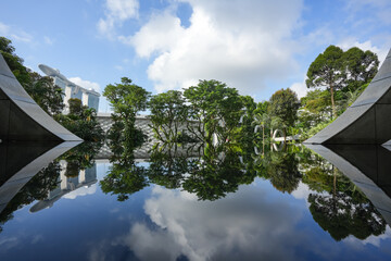 Wall Mural - Singapore landscape. Beautiful wide angle landscape view with the reflection of green trees and landmarks of Singapore.