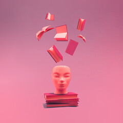 Wall Mural - Human head with books on gradient magenta background. Surreal, education, study and knowledge concept