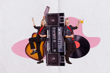 Sticker - Creative collage picture of two aged mini cool people hold cocktail glass pint beer huge boombox acoustic guitar vinyl record