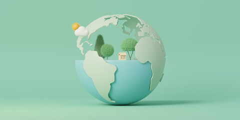 Sticker - 3D green earth on pastel color background. Green eco friendly and environment concept.Minimal scene for mockup design. 3D rendering illustration.