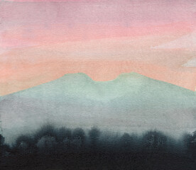 minimalist watercolour landscape of a mountain and a forest on a pink blue sky background