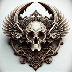 Sticker - 3D illustration of a devil skull with metallic details for a T-shirt design logo