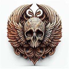 Sticker - 3D illustration of a skull with wings and metallic details for a T-shirt design logo