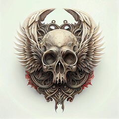 3D illustration of a skull with wings and metallic details for a T-shirt design logo