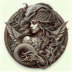 Sticker - 3D illustration of a girl with snake-like creatures and metallic details for a T-shirt design logo