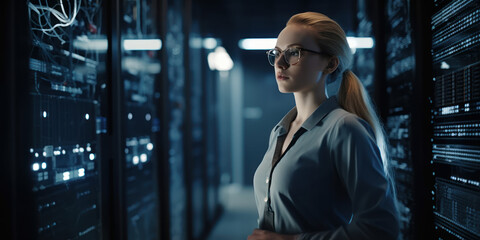 Poster - female it expert ensuring high-tech data center efficiency. generative ai
