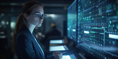 Poster - innovative it professional managing futuristic data center. generative ai