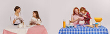 Conemporary Art Collage With Portrait Of Charming Little Girls And Moms Wearing Retro Dress Having Food Together. Banner