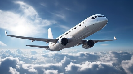 Wall Mural - Flying, white plane against a blue sky with white clouds. Side view. The concept of tourism, flights, vacations