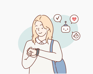 Young woman looks at smart watch. Cute girl wears sports device on her hand. Hand drawn style vector design illustrations.