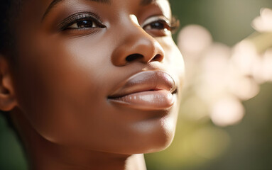 Wall Mural - Closeup of a beautiful African woman sunlit outdoor in summer. Generative AI. 