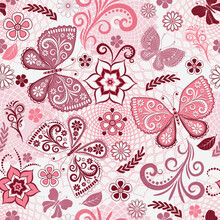 Vector Seamless Spring Delicate Pink Pattern With Openwork Butterflies And Flowers On White