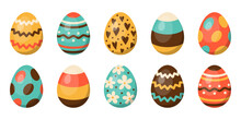 Vector Set Of Easter Eggs. 3D Easter Collection In Red, Yellow, Green And Brown. Egg Hunt.