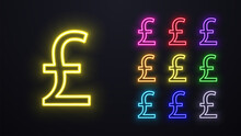 A Set Of Neon British Pound Sterling Logos In Different Colors.