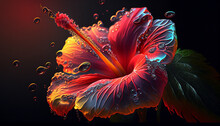 Hibiscus Flower With Water Drops,neon Sun Rise, Bokha Mood