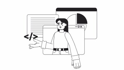Fototapete - Animated mono web developer class. Programming software, tutorials. 2D black and white flat character 4K video footage with alpha channel transparency. Thin line art concept animation for web design