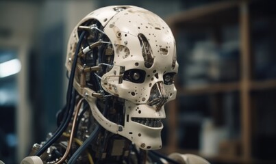 Poster - artificial intelligent humanoid robot still in skeleton stage assemble in android factory, generative AI
