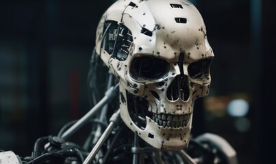 Poster - artificial intelligent humanoid robot still in skeleton stage assemble in android factory, generative AI