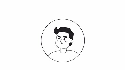 Poster - Animated bw confused man icon. Bewildered flat character avatar animation on white background with alpha channel transparency. Monochromatic cartoon style round badge 4K video footage for web design