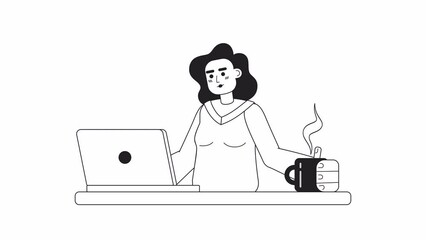 Poster - Animated mono lady with laptop. Female freelance programmer. Thin line flat character animation on white with alpha channel transparency. Monochromatic cartoon style 4K video footage for web design
