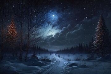 Poster - snowy night sky. AI generation