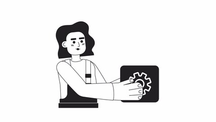 Fototapete - Animated mono woman with gear button. Developer engineer. Technician. 2D black and white flat character 4K video footage with alpha channel transparency. Thin line art concept animation for web design