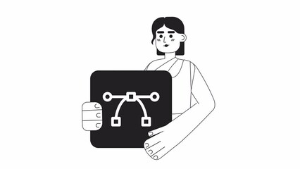 Fototapete - Animated mono web designer job. Freelance career. Multimedia artist. 2D black and white flat character 4K video footage with alpha channel transparency. Thin line art concept animation for web design