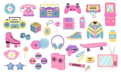Retro 80s 90s clipart set. Pink pastel colors y2k glamour fashion patch, badge, emblem, stickers.