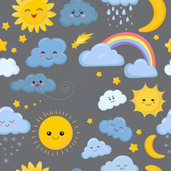 Wall Mural - seamless children's background with sun and clouds, vector
