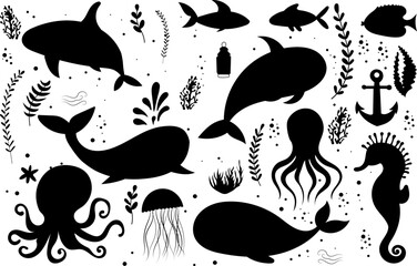 Sticker - set of marine inhabitants, whales, octopus, fish silhouette on a white background, vector