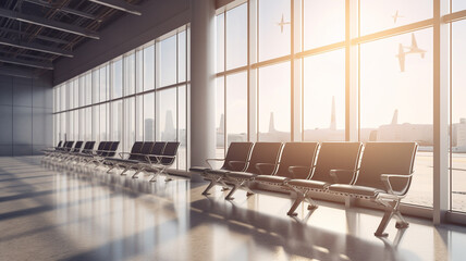 Wall Mural - airport lobby waiting area with chairs and large windows.